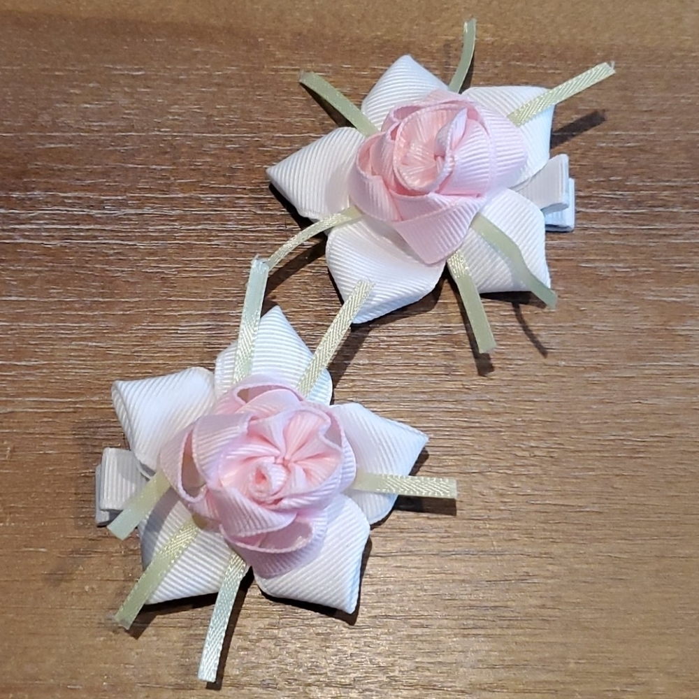 Pink Rose Hair Clips Set of 2 Boutique Flower Girl Hair Bows - Picture 3 of 6